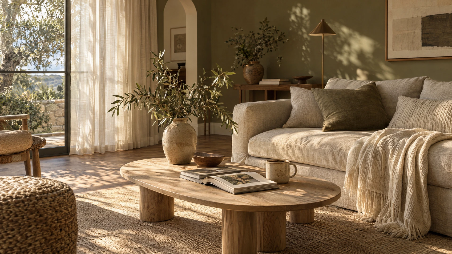 A warm sunlit living room with a linen sofa and a book on the coffee table